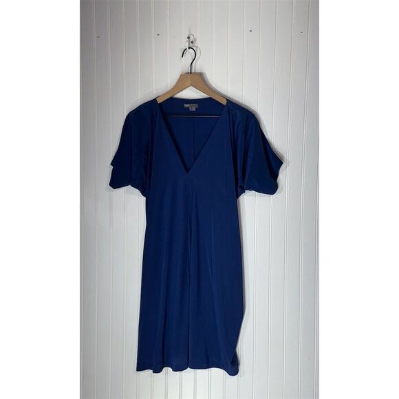 Vince 100% Silk V-Neck Mini Dress S Blue Short Sleeve Minimalist Quiet Luxury - Picture 1 of 6